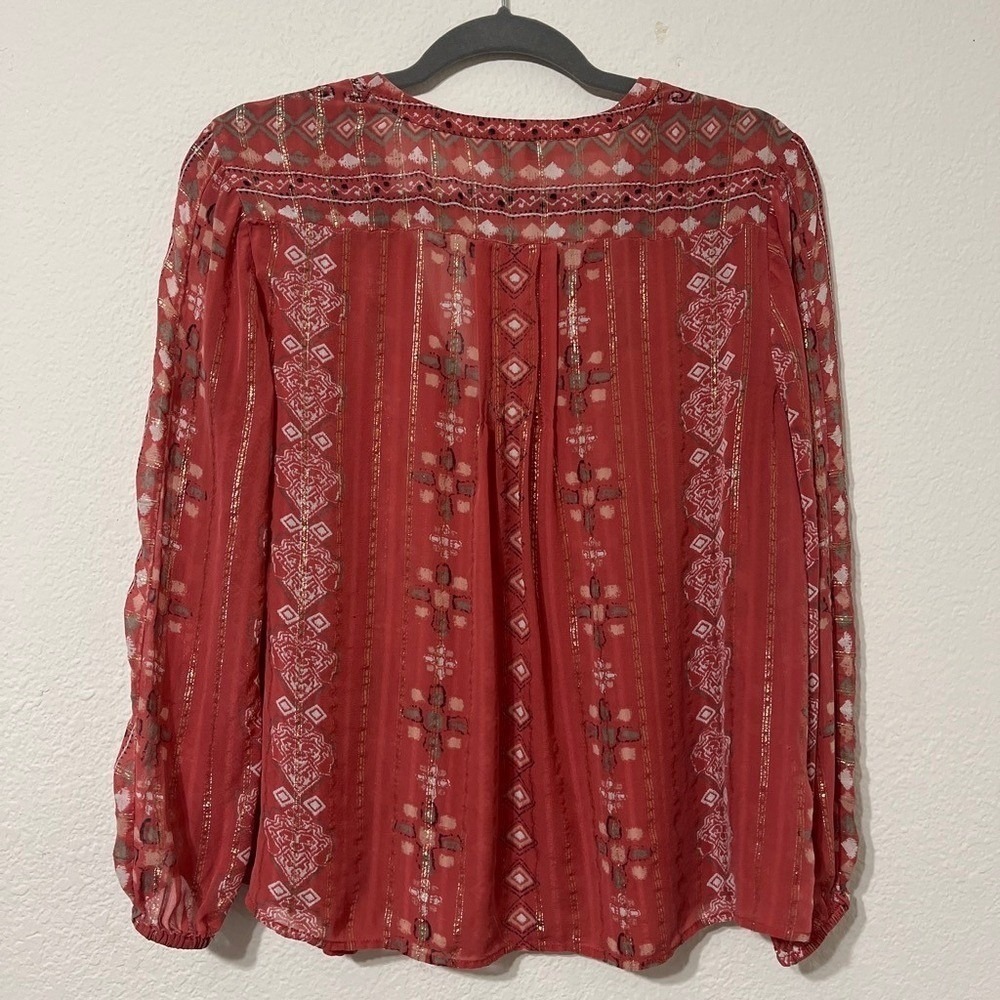 Joie Silk Boho Peasant Blouse Medium Coral Metallic Stripe Tassel Top - Picture 3 of 7